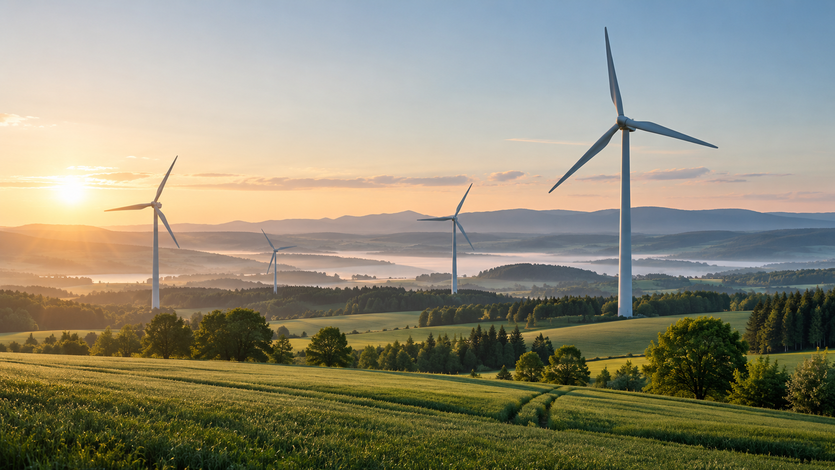 Windkraftanlagen in grüner Landschaft